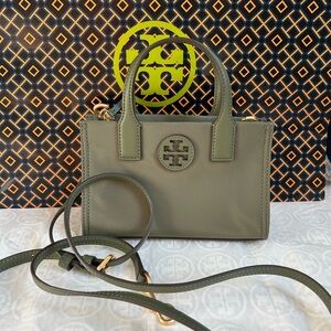 Tory Burch Ella Nylon Mini Tote Bag Crossbody Palm Leaf Gold Green